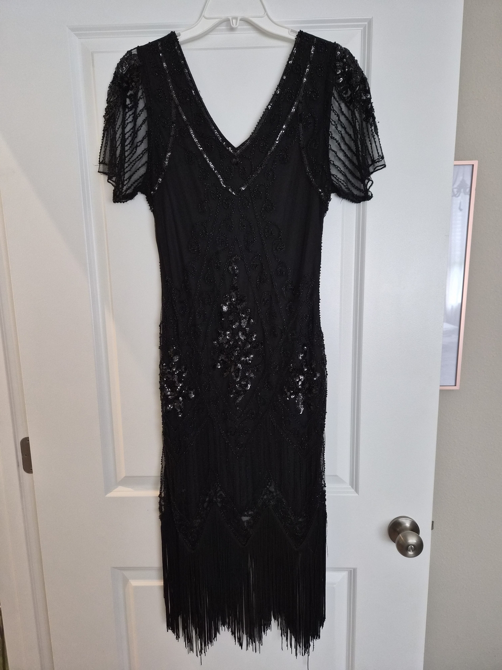 Black Beaded V-Neck Midi Dress with Fringe